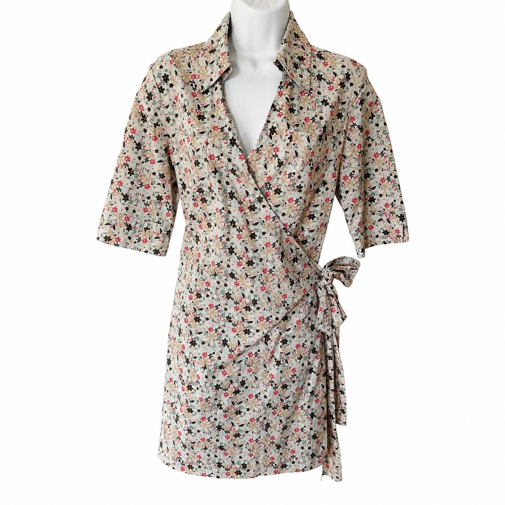 Jacob Floral Wrap Dress Women 11/12 Beige Green Short Sleeve mini Vintage Y2K